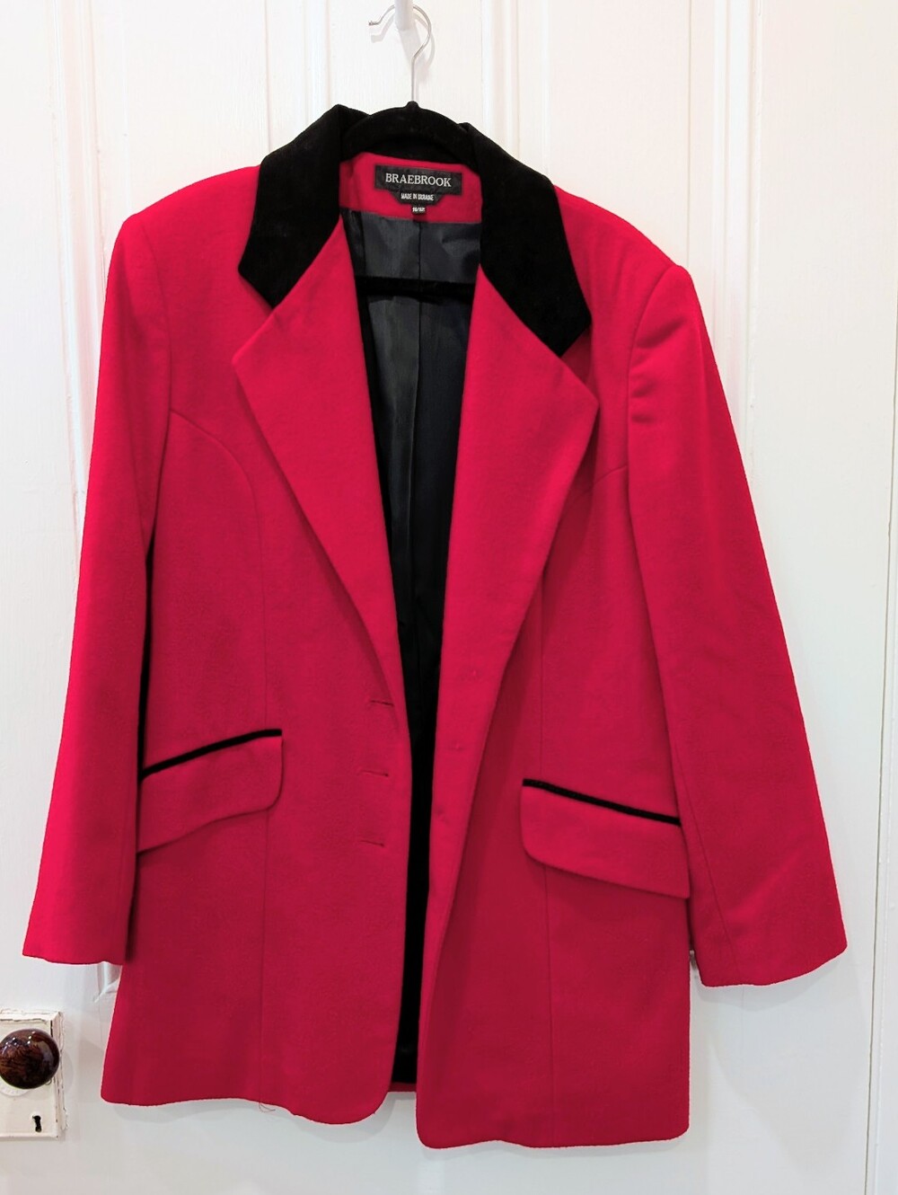 Vintage 90s Bright Red Wool Blazer Coat with Black Leather Suede Collar
